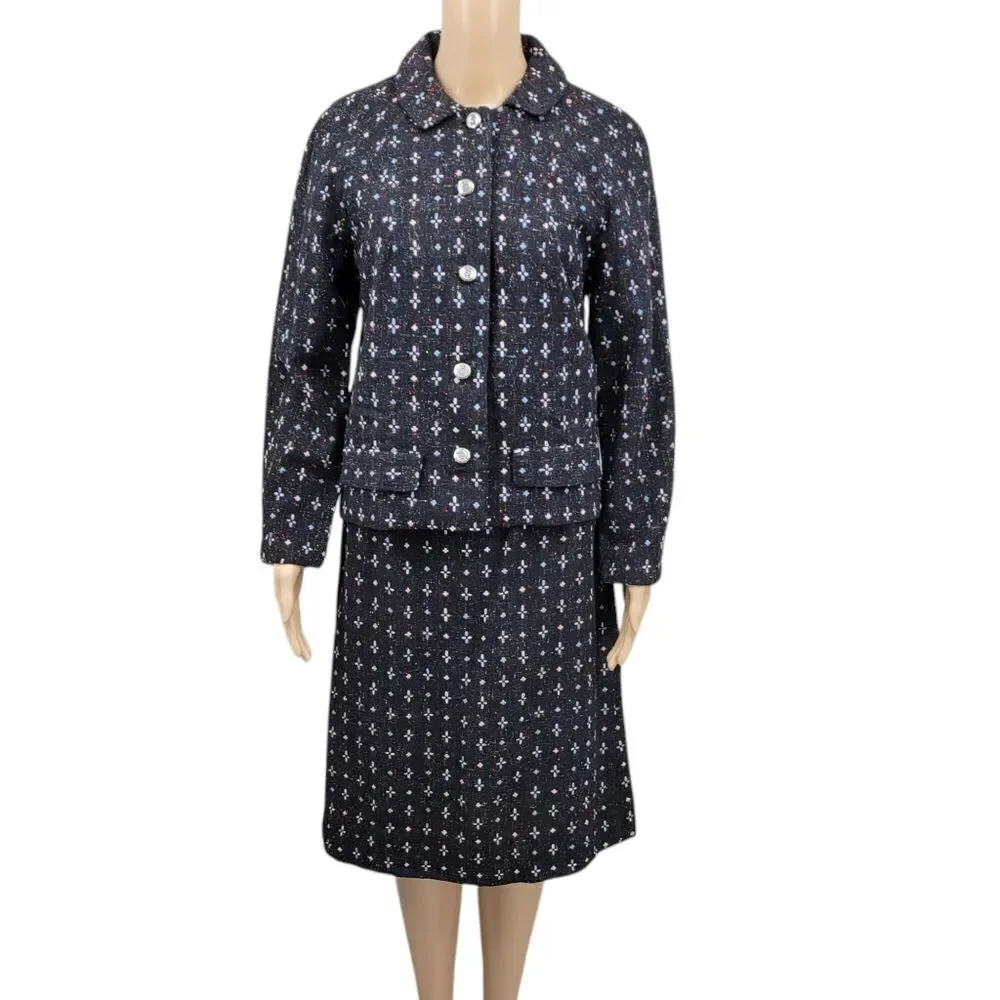60s Vintage Handmade Tailored Wool Matching Skirt Suit Set Black with Pink Blue